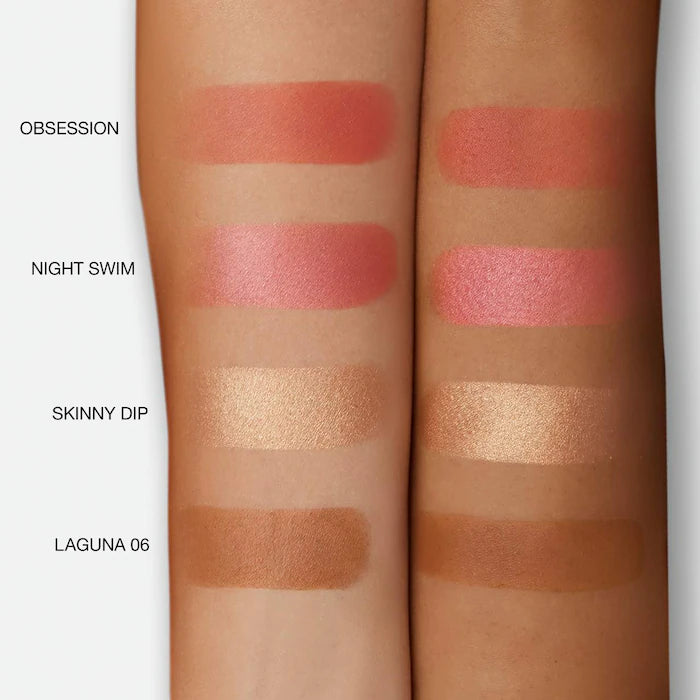 Hot Escape Cheek and Face Palette-Medium Deep - obsession (matte papaya coral), night swim (shimmering burnished ruby), skinny dip (Iridescent gold), laguna 06 (deep bronze with warm undertones)
