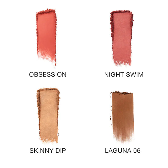 Hot Escape Cheek and Face Palette-Medium Deep - obsession (matte papaya coral), night swim (shimmering burnished ruby), skinny dip (Iridescent gold), laguna 06 (deep bronze with warm undertones)
