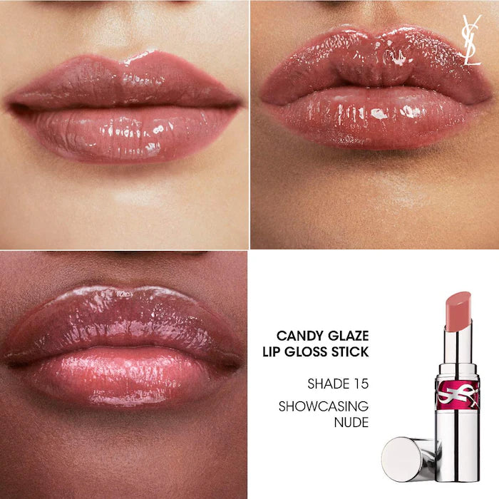 YSL Candy Glaze Lip Gloss Stick-15 Showcasing Nude - sheer nude