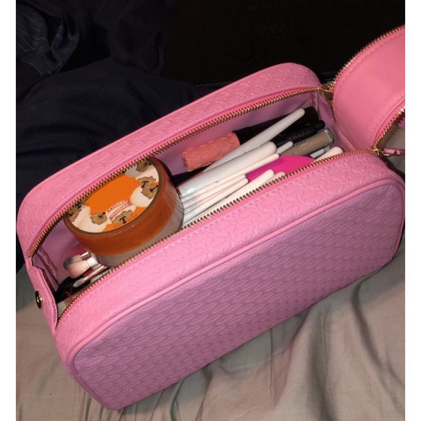 PINK DOUBLE ZIP MAKEUP BAG
( Fits alot as shown )