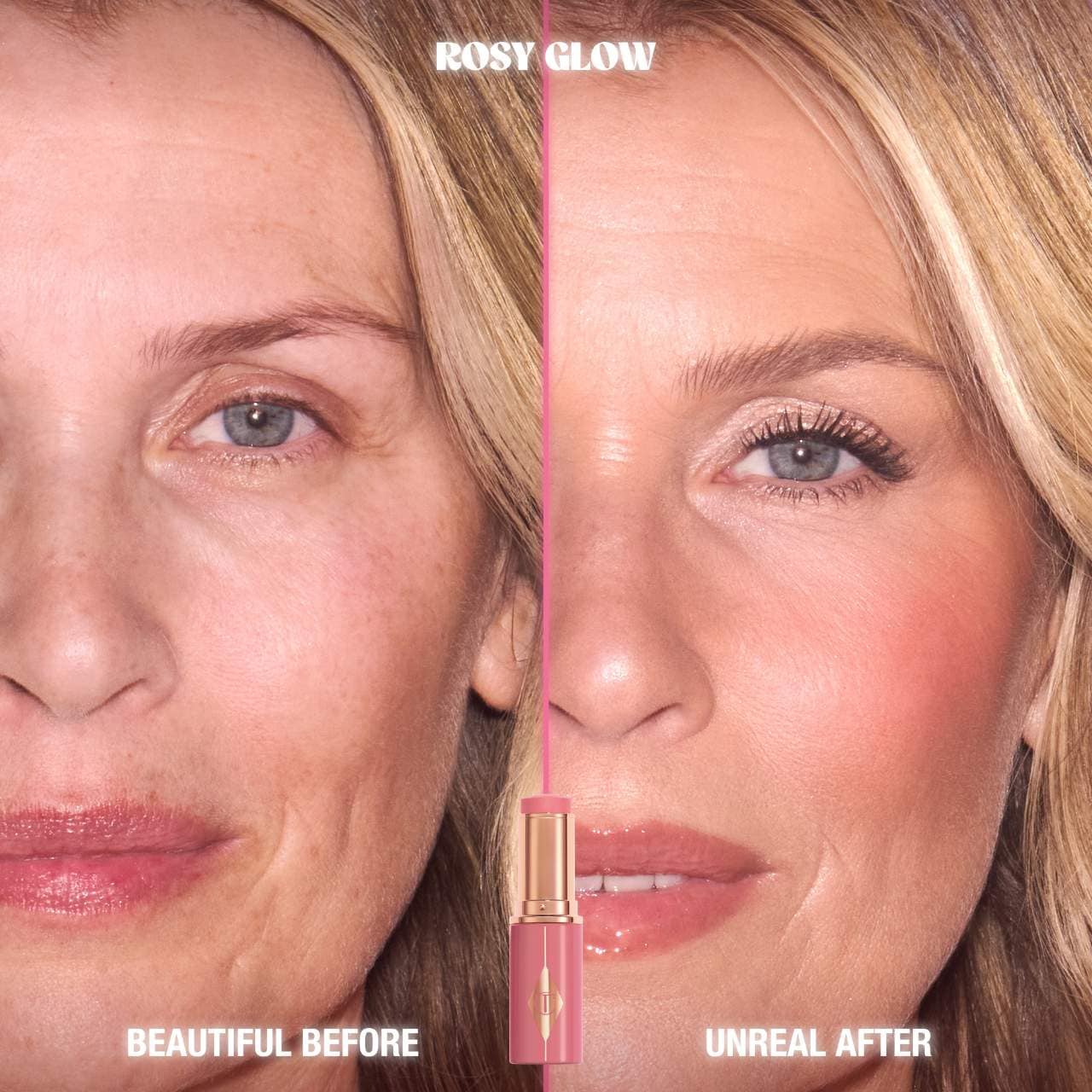 Unreal Lip + Cheek Glow Blush Stick with Hyaluronic Acid-Rosy Glow - warm rosy pink