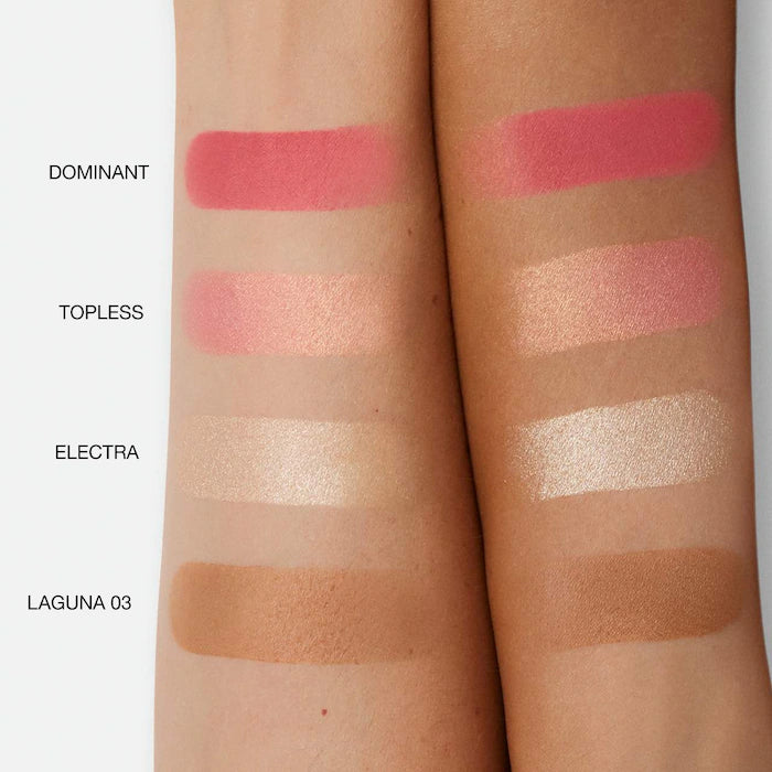 Hot Escape Cheek and Face Palette-Medium - DOMINANT (Matte warm pink) TOPLESS (Shimmering pink coral) ELECTRA (Champagne) LAGUNA 03 (Light-medium bronze with warm undertones
