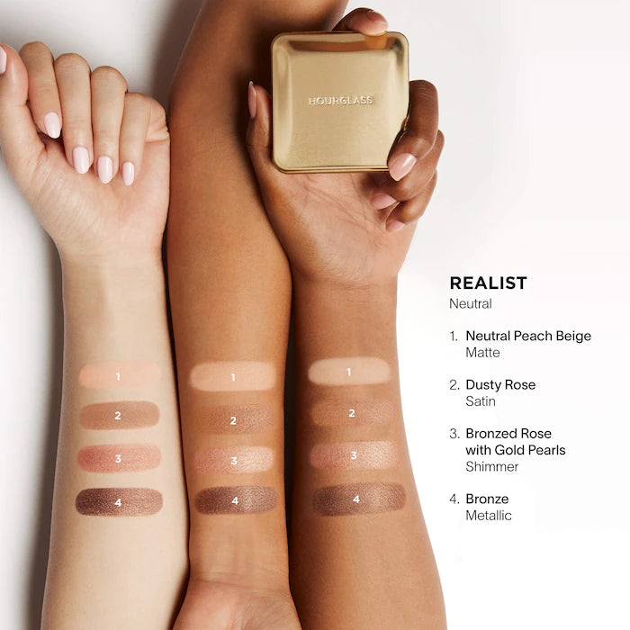 Curator™ Eyeshadow Palettes-Realist - matte neutral peach, satin dusty rose, shimmer bronzed rose with gold pearls, metallic bronze