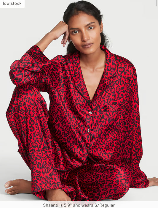 Satin Long Pajama Set- Lipstick leopard