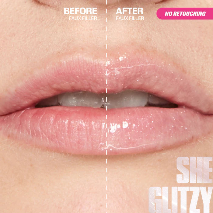 Faux Filler Shiny Non-Sticky Lip Gloss- She Glitzy - sheer clear iridescent gloss ( NEW )