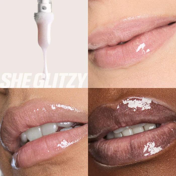 Faux Filler Shiny Non-Sticky Lip Gloss- She Glitzy - sheer clear iridescent gloss ( NEW )